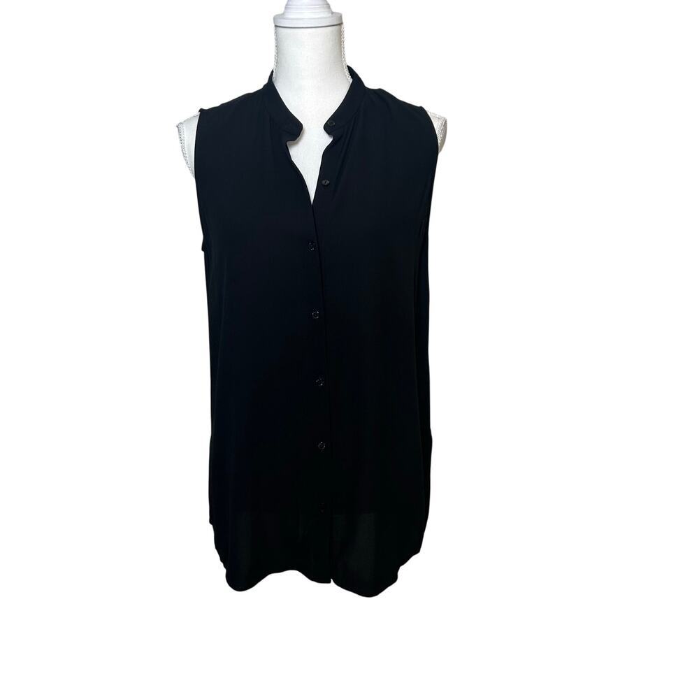 Eileen Fisher black 100% silk crepe sleeveless button down tunic relaxed XS